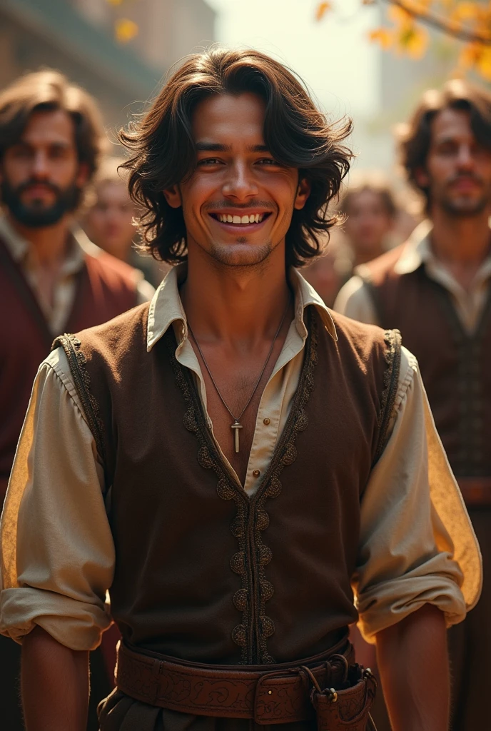 
Make a young man in a fantasy-medieval setting. He's a minstrel, and a member of a traveling troupe of actors. He's in his mid 20s, and incredibly handsome. Dark hair. Beaming smile. 