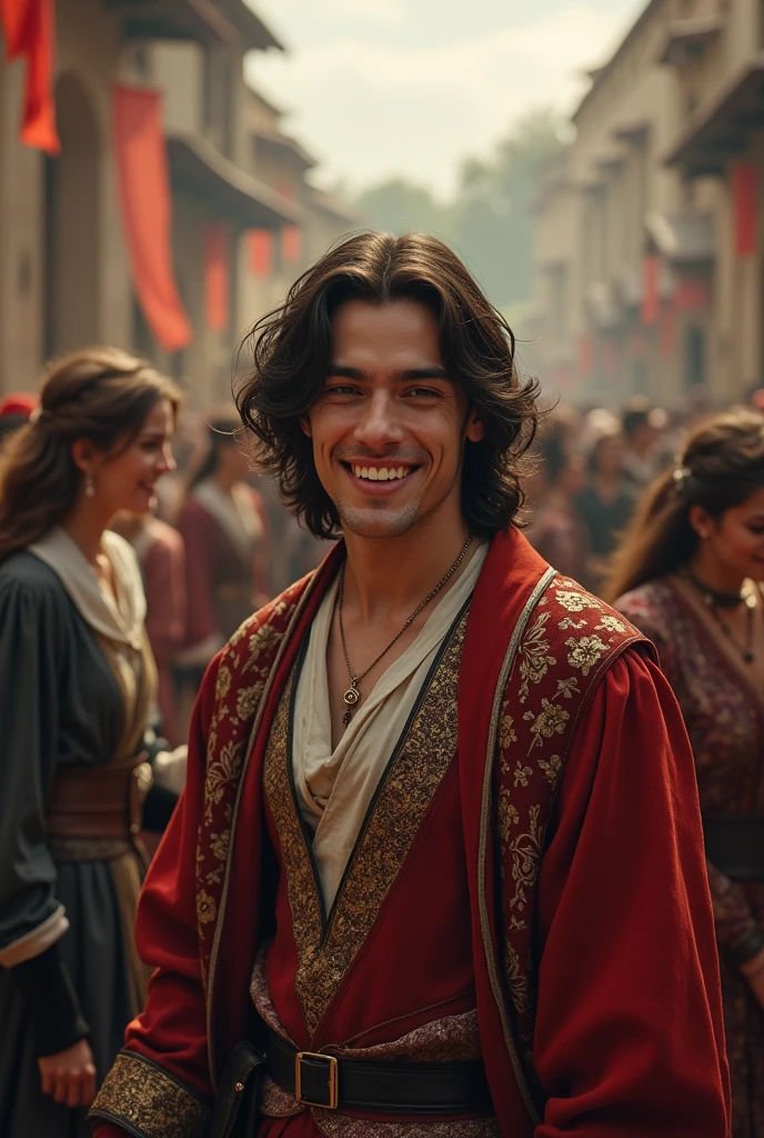 
Make a young man in a fantasy-medieval setting. He's a minstrel, and a member of a traveling troupe of actors. He's in his mid 20s, and incredibly handsome. Dark hair. Beaming smile. 