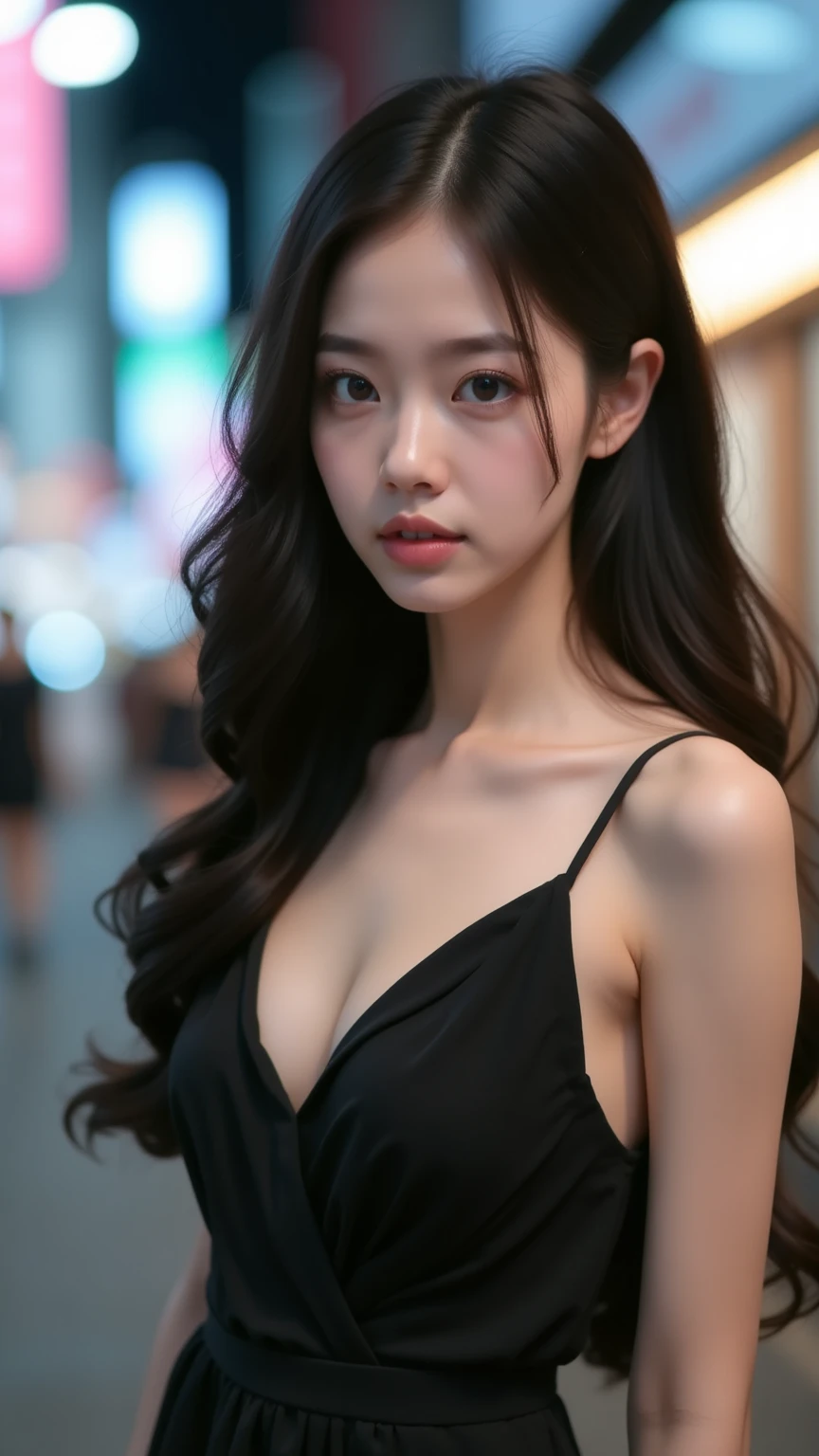 Portrait of a Japanese woman 21 years old with long, dark, glossy hair and large expressive eyes. Her petite figure is accentuated by a light black sexy short summer dress that flows gently in the breeze. She walks at city night live walking road, wonderful night lights. The scene is captured in stunning high-quality, as if for a premium advertisement, with a perfect doll-like appearance that emphasizes elegance and charm