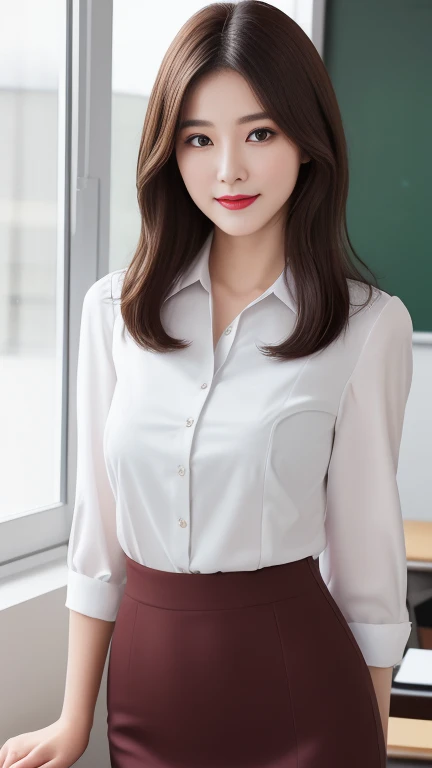 masterpiece,  top quality ,  realistic , 超 Details,  Details,  High Definition , 8k wallpaper, one beautiful woman, (from front:1.2)、female teacher、Age 30、 medium hair hanging over straight shoulders、 brown hair ,  sharp concentration,  beautiful face、 slender figure、 Attention to beautiful details, Thin Hair,  Detailsでリアルな綺麗な肌の質感, smile,  portrait, Passport Photo、 full face、 natural makeup 、 Shiny Dark Red Lips 、Thick lips、Teacher-like costume 、blouse、 pencil skirt 、Walking through the classroom、 cowboy shot、