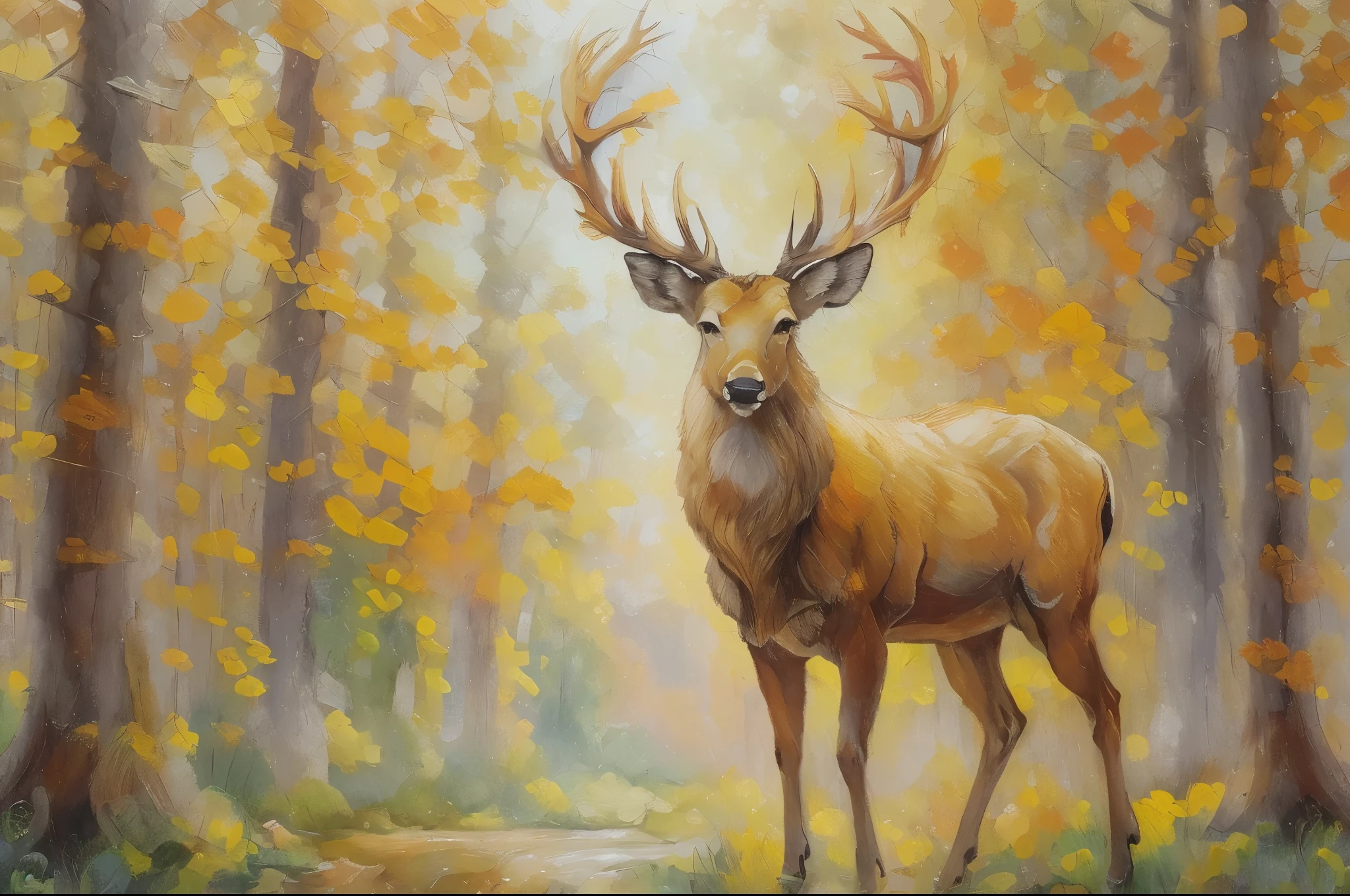 Create a majestic golden deer painting with a rich, luminous palette. The deer is adorned with intricate golden patterns on its fur, standing gracefully in a mystical forest bathed in warm golden light. The background features soft, abstract trees and foliage in tones of amber, bronze, and muted greens. Visible brushstroke textures highlight the elegance of the deer and the shimmering glow of its surroundings. The style is ethereal and painterly, with a harmonious blend of realism and abstract elements, evoking a sense of wonder and serenity.