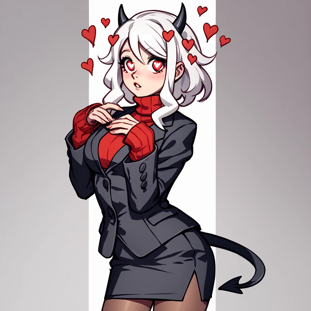 htmodeus, girl, solo, white hair, black horns, demon horns, heart-shaped pupils, demon tail, formal, black suit, black jacket, long sleeves, red sweater, turtleneck sweater, sleeves past wrists, black skirt, red pantyhose, anime style, sketch