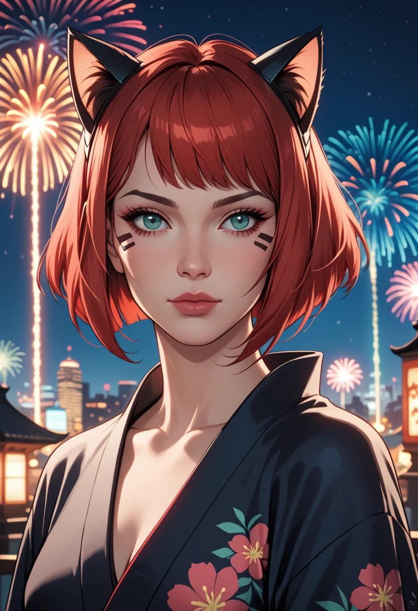 score_9, score_8_up, score_7_up, Western Comics, Portrait, girl, cute, seductive, innocent, light smile:0.3, plump lips, slender body, cat ears cyberpunk spy lord, kimono, bob hair, radiant color, pale turquoise and red hair, ghostly fantasy settlement in a Mudflat, night, fireworks background, depth of field, dynamic angle, fashion photography, sharp, hyperdetailed:1.15