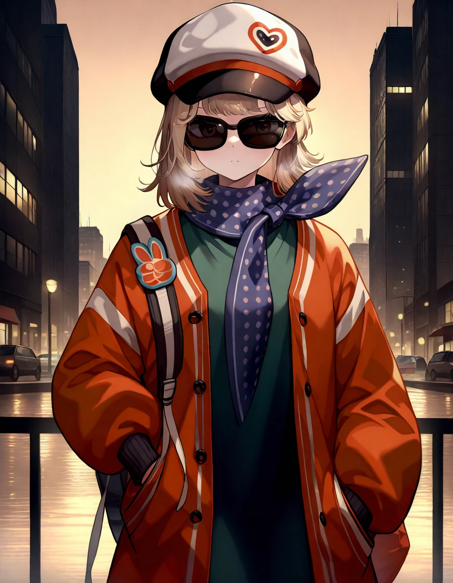 ,city background,looking_at_viewer,1girl,regulus\\(reverse:1999\\),sunglasses, coat, scarf, masterpiece, best quality, very aesthetic, absurdres