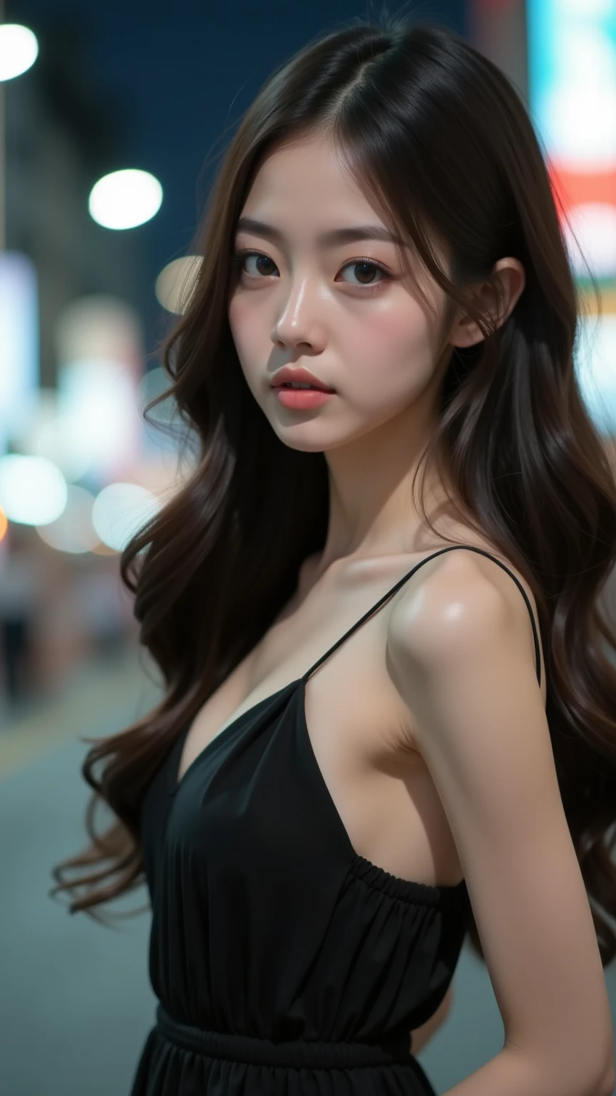 Portrait of a Japanese woman 21 years old with long, dark, glossy hair and large expressive eyes. Her petite figure is accentuated by a light black sexy short summer dress that flows gently in the breeze. She walks at city night live walking road, wonderful night lights. The scene is captured in stunning high-quality, as if for a premium advertisement, with a perfect doll-like appearance that emphasizes elegance and charm