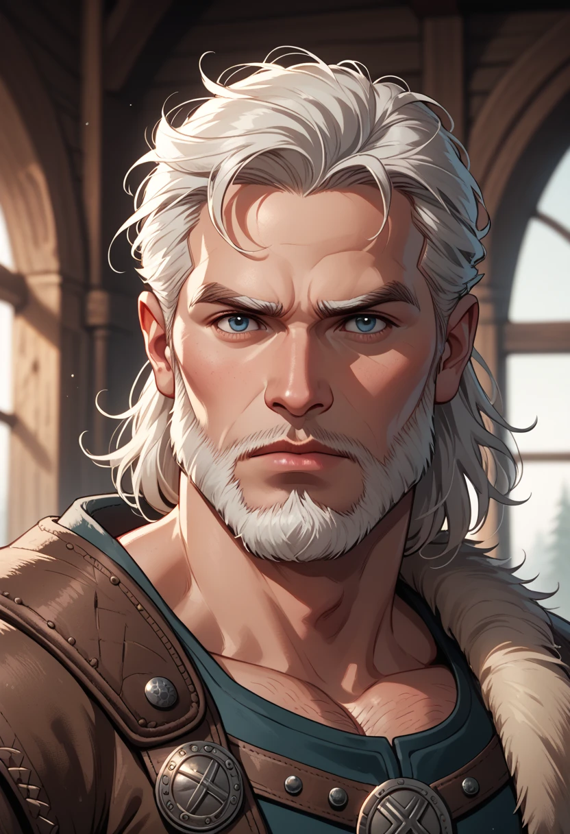 dressed in medieval merchant's clothing, a teenager, Male, Human, 16 years old, mesomorphic body, pale skin, chestnut hair, long hair length, ordinary hairstyle, square face shape, almond eyes, full lips, medium eyebrows, high arch eyebrows shape, large nose size, Roman nose shape, scar.