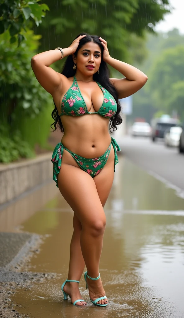 A captivating, high-quality image voluptuous, hourglass-figured Sri Lankan mom . She is posing outdoors, The model wears a green floral keyhole  bikini and matching strappy high heels, with her hands resting on her head. Her curvy figure is accentuated by her red lipstick and black nail polish. The background is a blend of natural and urban elements, creating a sense of depth and dimension. This image exudes glamour, empowerment, and beauty. She is under rain and her body is so wet.