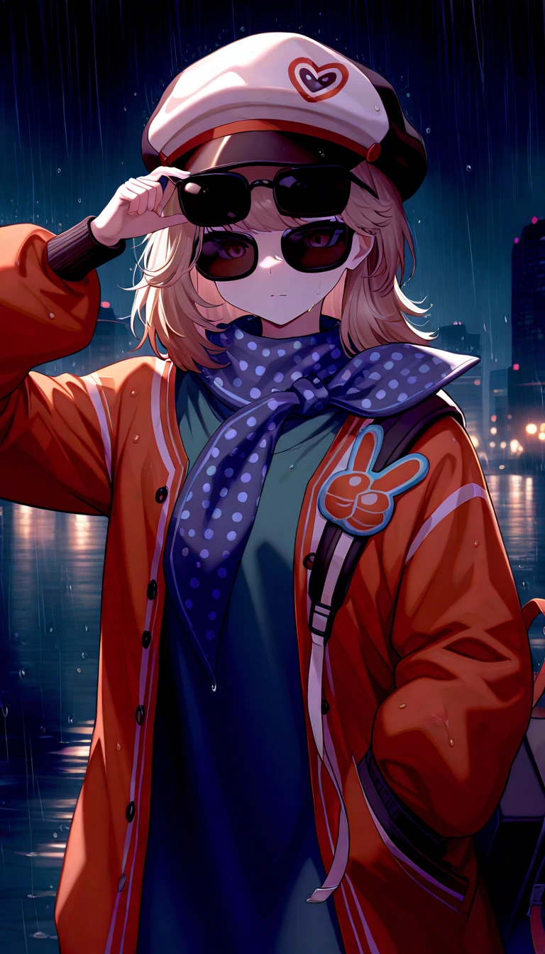 ,city rain background,looking_away,1girl,regulus\\(reverse:1999\\),sunglasses, coat, scarf, masterpiece, best quality, very aesthetic, absurdres, raining, wet clothes