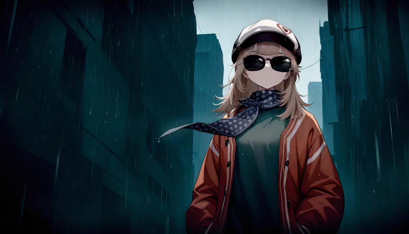 ,city rain background,looking_at_viewer,1girl,regulus\\(reverse:1999\\),sunglasses, coat, scarf, masterpiece, best quality, very aesthetic, absurdres, raining, wet clothes