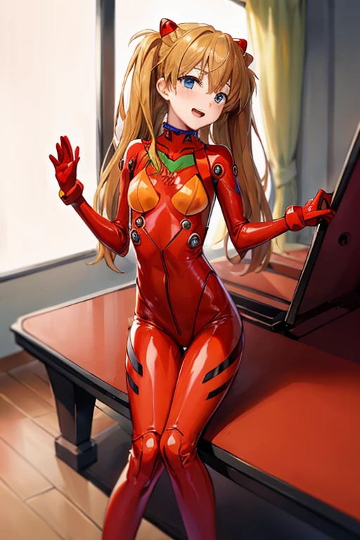 (( top quality )), ((masterpiece)), (be familiar with),  perfect face, indoor, bedroom,  watching viewers ,
One woman,  Soryu Asuka Langley,
 open mouth,  ecstatic expression beside the piano, blush, smile,
 small tits,  flat chest, Young girl, Lori,  s,  girl,
 long hair,  twin tails,
Leg spread,