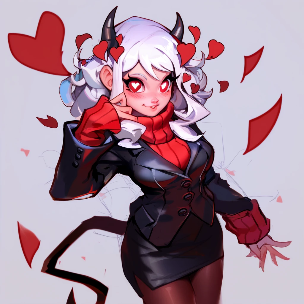 htmodeus, 1girl, solo, white hair, black horns, demon horns, heart-shaped pupils, demon tail, formal, black suit, black jacket, long sleeves, red sweater, turtleneck sweater, sleeves past wrists, black skirt, red pantyhose, sketch