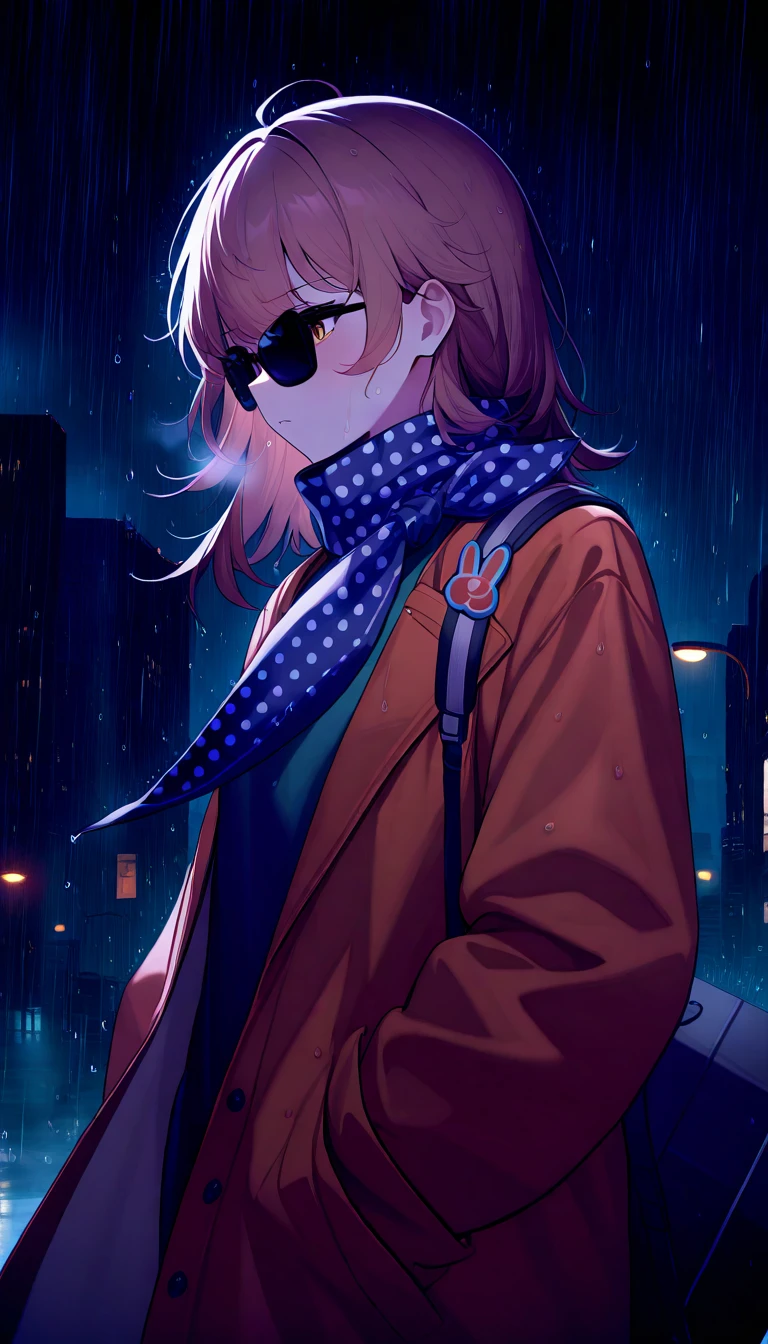 ,city rain background,looking_away,1girl,regulus\\(reverse:1999\\),sunglasses, coat, scarf, masterpiece, best quality, very aesthetic, absurdres, raining, wet clothes, head looking down