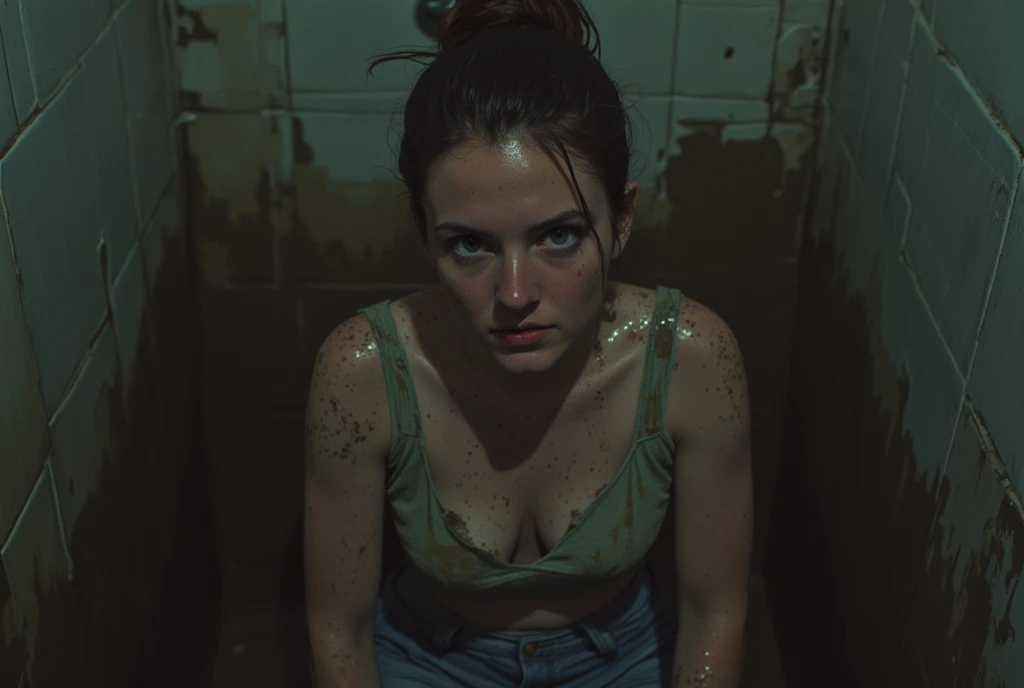 jeans, Covered in mud ,Bob haircut, detailed eyes and face,  An expression of despair  ,blouse, dark and gloomy lighting ,shameful fetishistic atmosphere ,desperation,bathroom,in a mud bath ,Fading woman