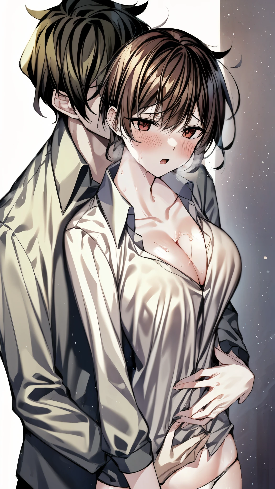 ( super high quality , super high res,16k,super masterpiece,Ultra HD ,Detailed shading and background,)Upper body shot,Couple, sexy girl ,Hugging a man,Naked white shirt with big collar, cleavage,Only white panties on the lower half, Sweaty ,blush, Living room where the sun shines ,Love juice,