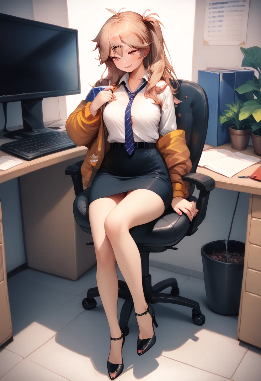  top quality ,masterpiece,  super detailed  ,  super high res , Female 1 person , office, business suit, high heels,Seduce,smile,(name:Kasukabe Tsumugi),