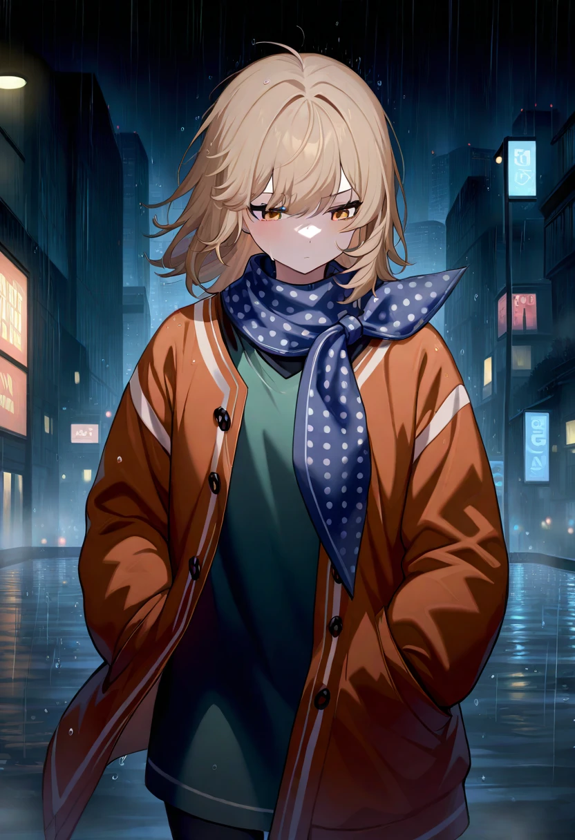 ,city rain background,looking_away,1girl,regulus\\(reverse:1999\\), coat, scarf, masterpiece, best quality, very aesthetic, absurdres, raining, wet clothes, head looking down