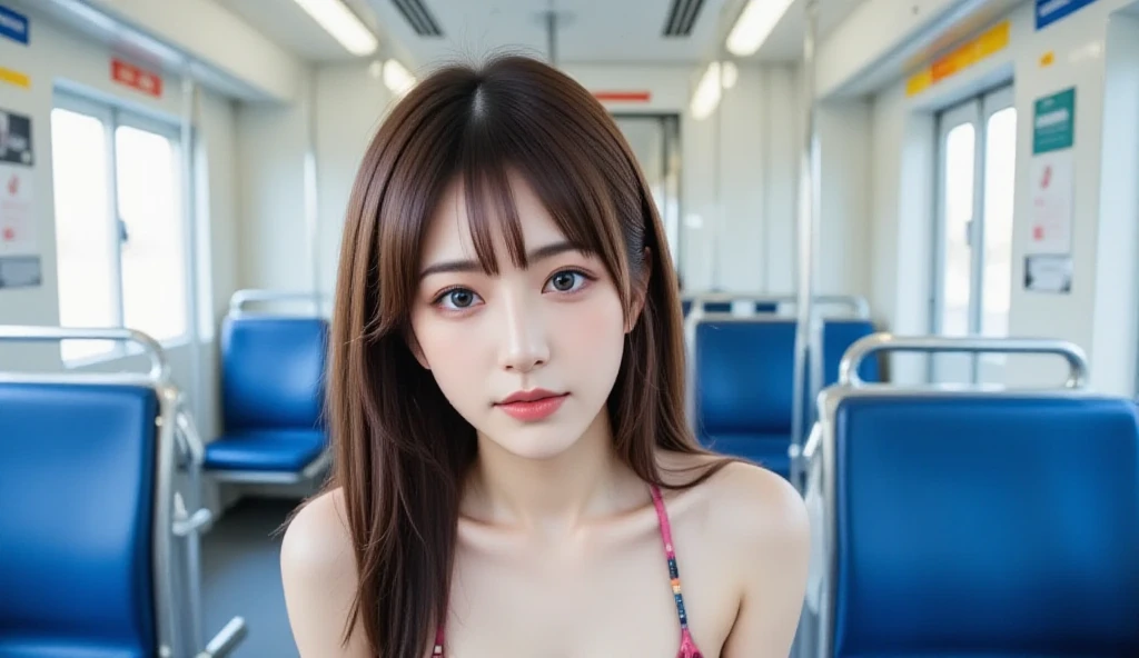 a young Asian woman full shot on a subway train, her long brown hair cascades over her shoulders. She is dressed in a bikini,Big tits, Her lips are painted a vibrant red, adding a pop of color to the otherwise monochromatic scene. The seats are blue, with silver handles, and the ceiling of the train is adorned with an orange BTS sign. Two windows are visible on the left side of the image full shot, providing natural light to the scene