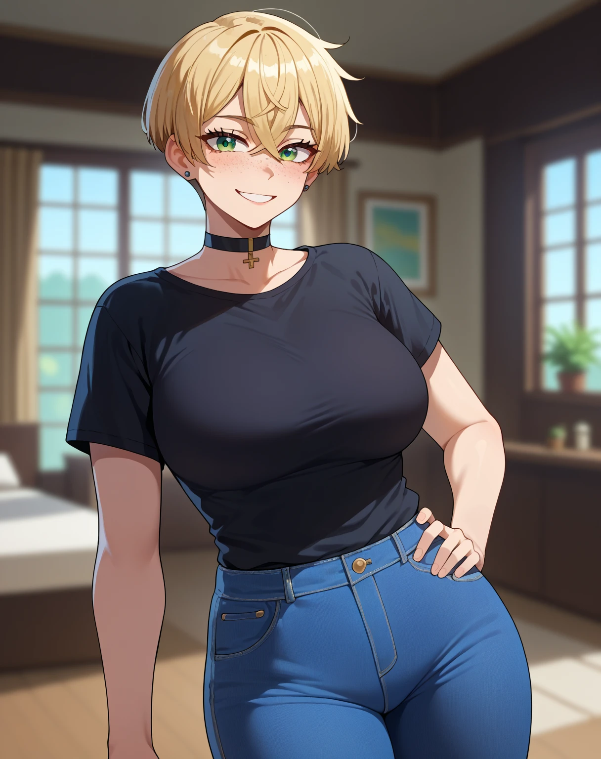 score_9, score_8_up, score_7_up, score_6_up, score_5_up, score_4_up, source_anime, nyantcha style,, rating_safe,
1girl, green eyes, blonde hair, crossed bangs, short hair, pixie cut, freckles, big breasts, eyelashes, aegyo sal, hand on hip, stud earrings, black shirt, choker, denim pants, indoors, looking at viewer, light smile, blurry background, cowboy shot, highest quality, highres, masterpiece,
