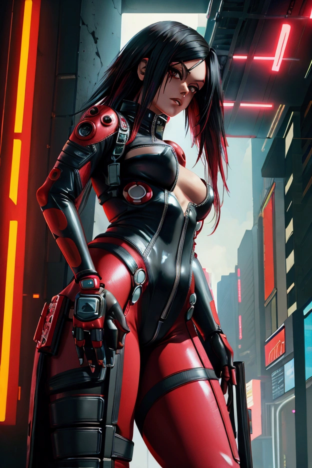 Cyberpunk, body suit, black and red, long hair, beautiful, 1 girl, punk, one piece, showing thighs, black hair, normal arms