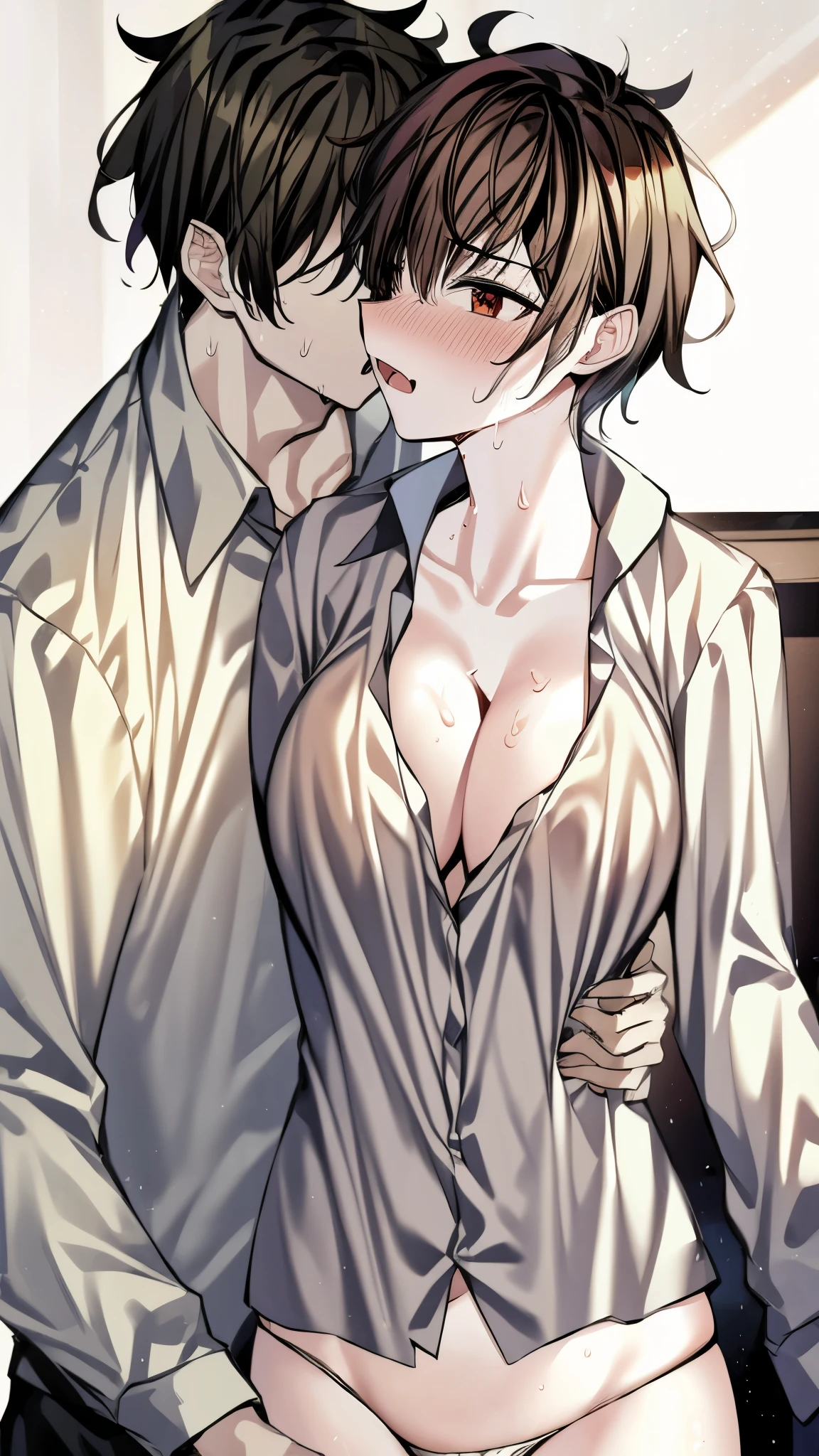 （ super high quality , super high res,16k,super masterpiece,Ultra HD ,Detailed shading and background,）Upper body shot,Couple, sexy girl ,Hugging a man,Naked white shirt with big collar, cleavage,Only white panties on the lower half, Sweaty ,blush, Living room where the sun shines ,Love juice,