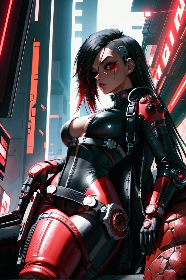 Cyberpunk, body suit, black and red, long hair, beautiful, 1 girl, punk, one piece, showing thighs, black hair, normal arms