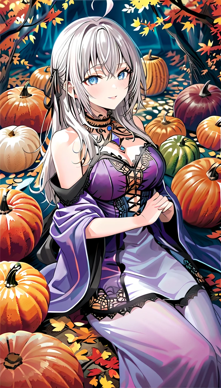  dazzling , intellectual and elegant ，alia, Create an enchanting anime-style illustration of a beautiful woman with long white hair,  dressed in an elaborate Halloween costume very sexy .  A light neckline in fantasy , She is in a moonlit forest ,  surrounded by shiny pumpkins and flowing autumn leaves .  The composition should focus on her striking features ,  with hair falling out elegantly over the shoulders . Use soft , } ethereal lighting that casts soft shadows , Enhancing the Mystical Atmosphere.  The color palette must include deep purples ,  vibrant oranges ,  and touches of silver to evoke a magician , Vibe de Halloween.  Incorporate intricate details into her costume ,  mood such as lace and shimmering fabrics ,  showing textures that contrast with the softness of her skin .  Capture a sense of movement as leaves dance around you ,  creating a fanciful ,  but slightly mysterious .  Look for high resolution quality , adequado para uma impressão  dazzling,  with sharp details and vibrant colors , pretty face