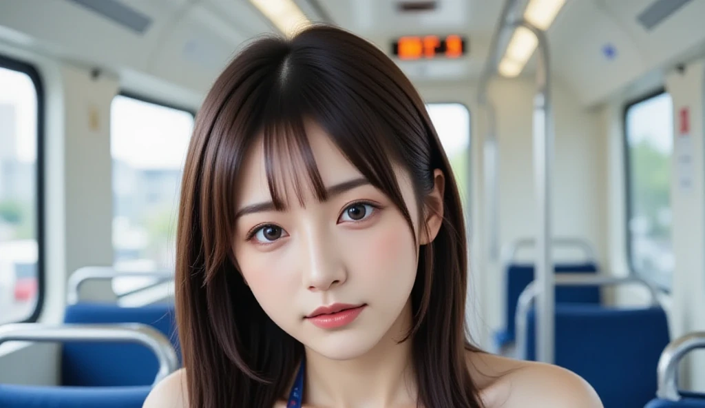 a young Asian woman full shot on a subway train, her long brown hair cascades over her shoulders. She is dressed in a bikini,Big tits, Her lips are painted a vibrant red, adding a pop of color to the otherwise monochromatic scene. The seats are blue, with silver handles, and the ceiling of the train is adorned with an orange BTS sign. Two windows are visible on the left side of the image full shot, providing natural light to the scene