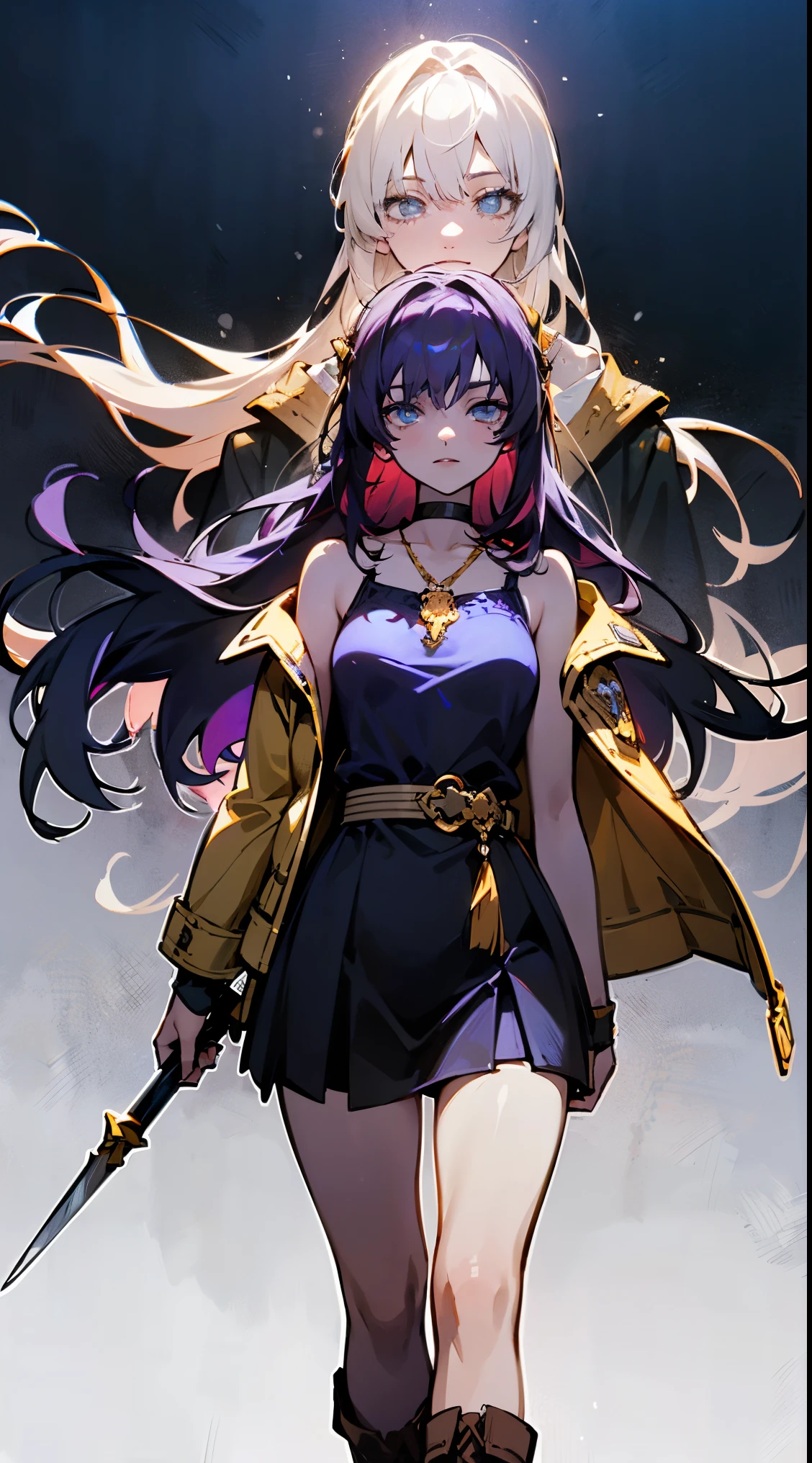 (geometric:1.1), ((1 anime girl, amazing, cute girl)), (Masterpiece, Best quality, Beautiful and aesthetic:1.2),((Ultra-high resolution, Golden ratio)), (Physically-based rendering), Sharp focus, (((high detail skin))), Intricately detailed clothing, Delicate pupils, Danfeng Eye,((((multicolor hair, cold detailed hair, long hair)))), Slender, geometric eyes :1.1, ((extremely_Detailed_eyes_and_face)), long eyelash, (masterpiece side lighting), (Dynamic configuration: 1.2), Perfect Anatomy, Eyeliner, nsfw, sharp eyes, choker, light smile, hair adornments, fit thighs, thigh gap, night time, full moon, domineering look, fully dressed, beautiful detailed glow,best illuminate,(((best quality,textile shading,ultra detailed))),extremely detailed CG unity 8k wallpaper,Highly Detailed beautiful and aesthetic,best light,high resolution,detailed,dynamic lighting , 1Character , pastel washed out colors , cell shade , soft, muted shades ,gentle colors ,sword art online art style A deep crimson, fitted leather jacket with intricate silver embroidery that accentuates her curves and features a flattering V-neckline, The jacket has a cinched waist with a black leather belt adorned with an ornate brass buckle, Underneath the jacket, she wears a black, sleeveless, and form-fitting top that complements her figure, knee-length, dark brown leather skirt with a slight flare, The skirt features subtle silver piping and a slit on the side, She wears knee-high, brown leather boots with brass-plated accents, Valeria wears a delicate, silver chain necklace with a pendant resembling a winged clock, Stunning woman , very long hair , purple hair , bright blue eyes , long eye lashes, eye liner , full Lips , light skin , wavy hair , age 26,
