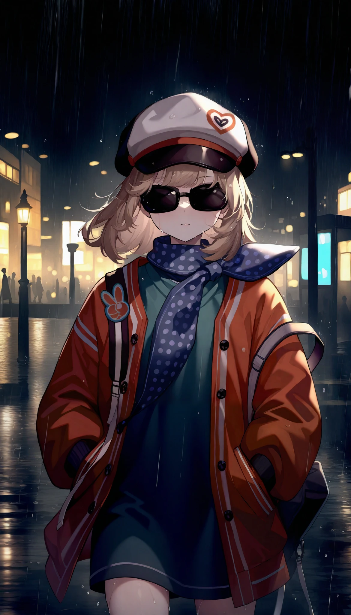 ,city rain background,looking_at_viewer,1girl,regulus\\(reverse:1999\\),sunglasses, coat, scarf, masterpiece, best quality, very aesthetic, absurdres, raining, wet clothes