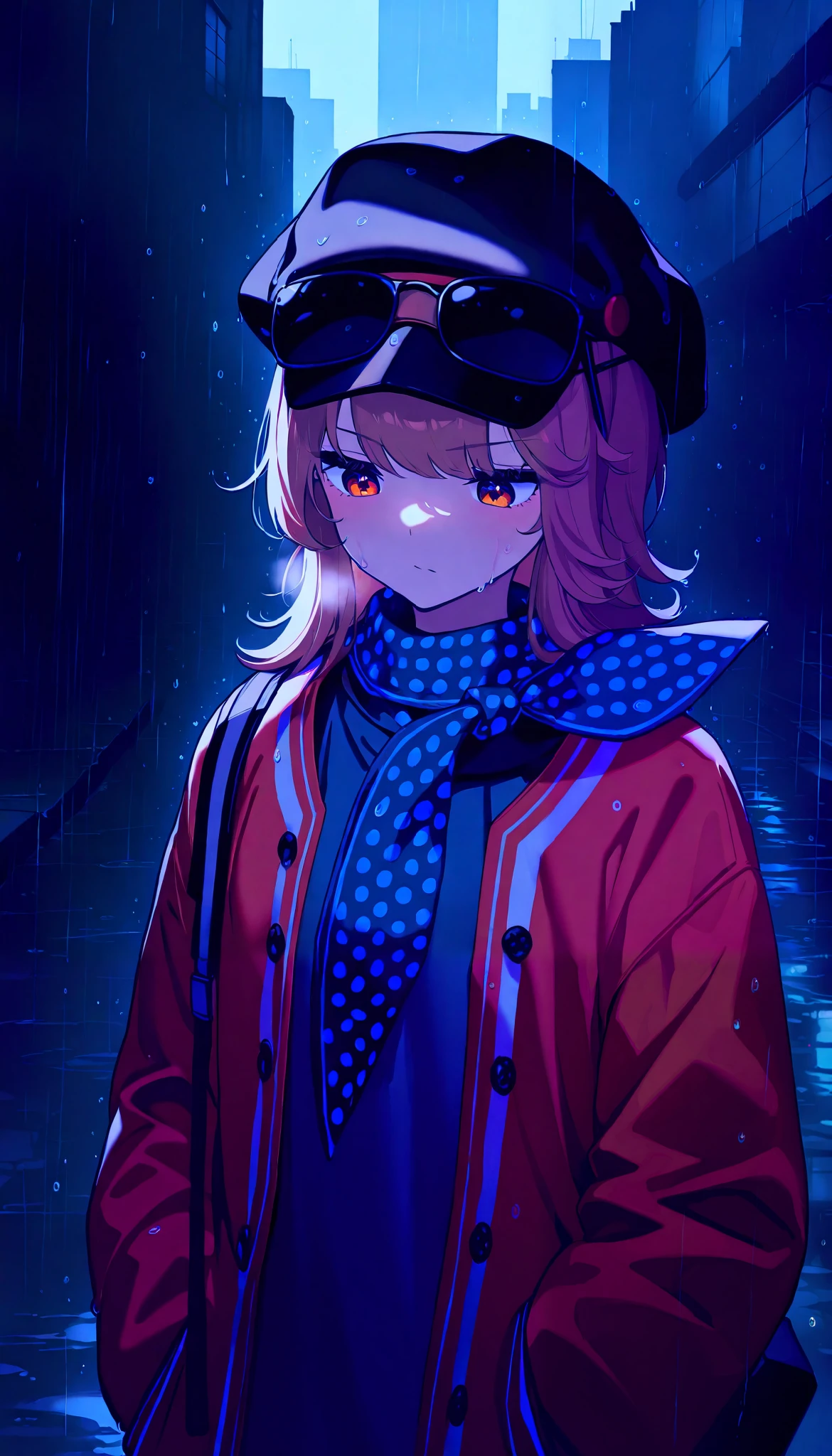 ,city rain background,looking_at_viewer,1girl,regulus\\(reverse:1999\\),sunglasses, coat, scarf, masterpiece, best quality, very aesthetic, absurdres, raining, wet clothes, head looking down