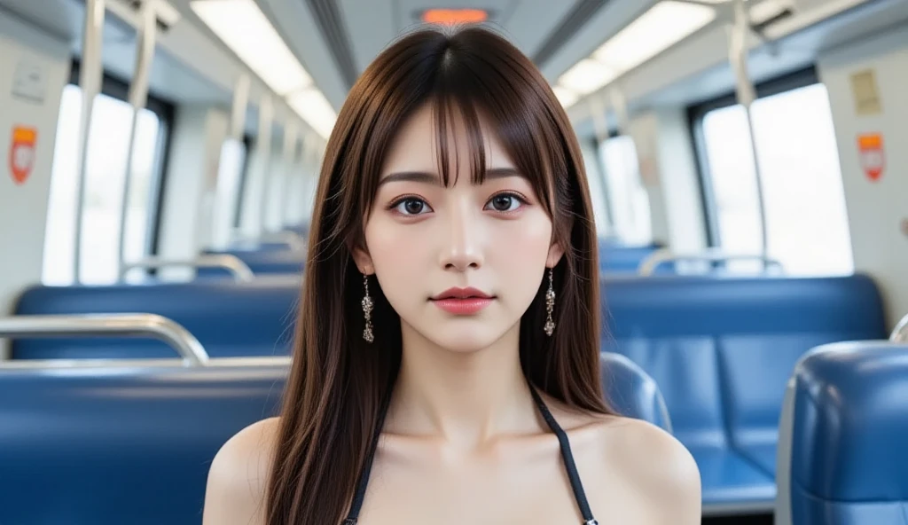 a young Asian woman full shot on a subway train, her long brown hair cascades over her shoulders. She is dressed in a bikini,Big tits, Her lips are painted a vibrant red, adding a pop of color to the otherwise monochromatic scene. The seats are blue, with silver handles, and the ceiling of the train is adorned with an orange BTS sign. Two windows are visible on the left side of the image full shot, providing natural light to the scene