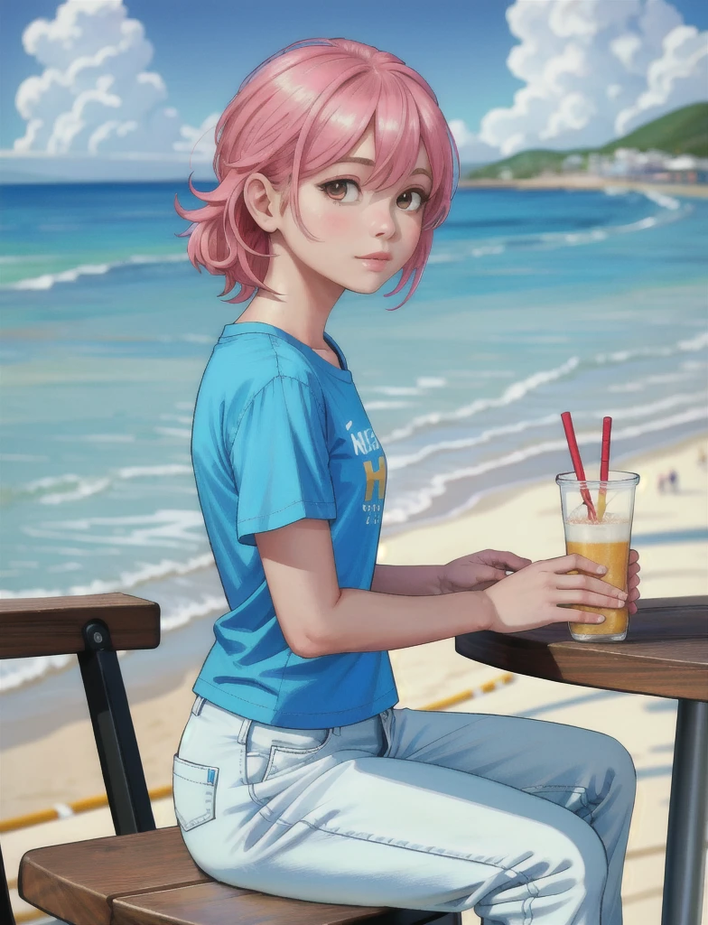 drawing of a girl  on a beach boardwalk cafe sitting at the table wearing a tshirt and pants sneakers tropical beach beautiful cloudy sky bright sunny day, (masterpiece:1.2) (photorealistic:1.2) (bokeh) (best quality) (detailed skin:1.3) (intricate details) (8k) (cinematic lighting) (sharp focus)