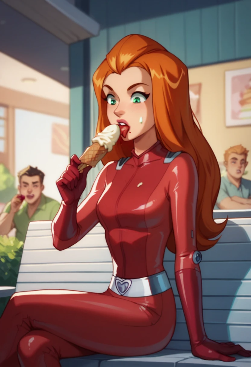 Samantha Simpson , red costume,Eating an ice cream,sitting