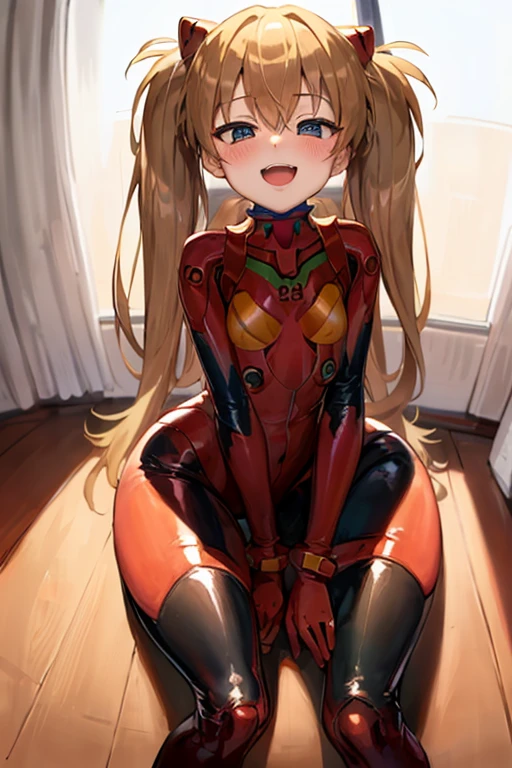 (( top quality )), ((masterpiece)), (be familiar with),  perfect face, indoor, bedroom,  watching viewers ,
One woman,  Soryu Asuka Langley,
 open mouth,  ecstatic expression beside the piano, blush, smile,
 small tits,  flat chest, Young girl, Lori,  s,  girl,
 long hair,  twin tails,
Leg spread,