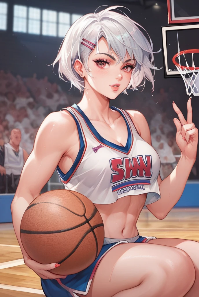 A girl with short hair and a basketball with red and white clothes 