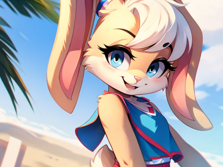 Cute rabbit furry girl, short hairstyle, white body, clothes, blue eyes, attractive smile 