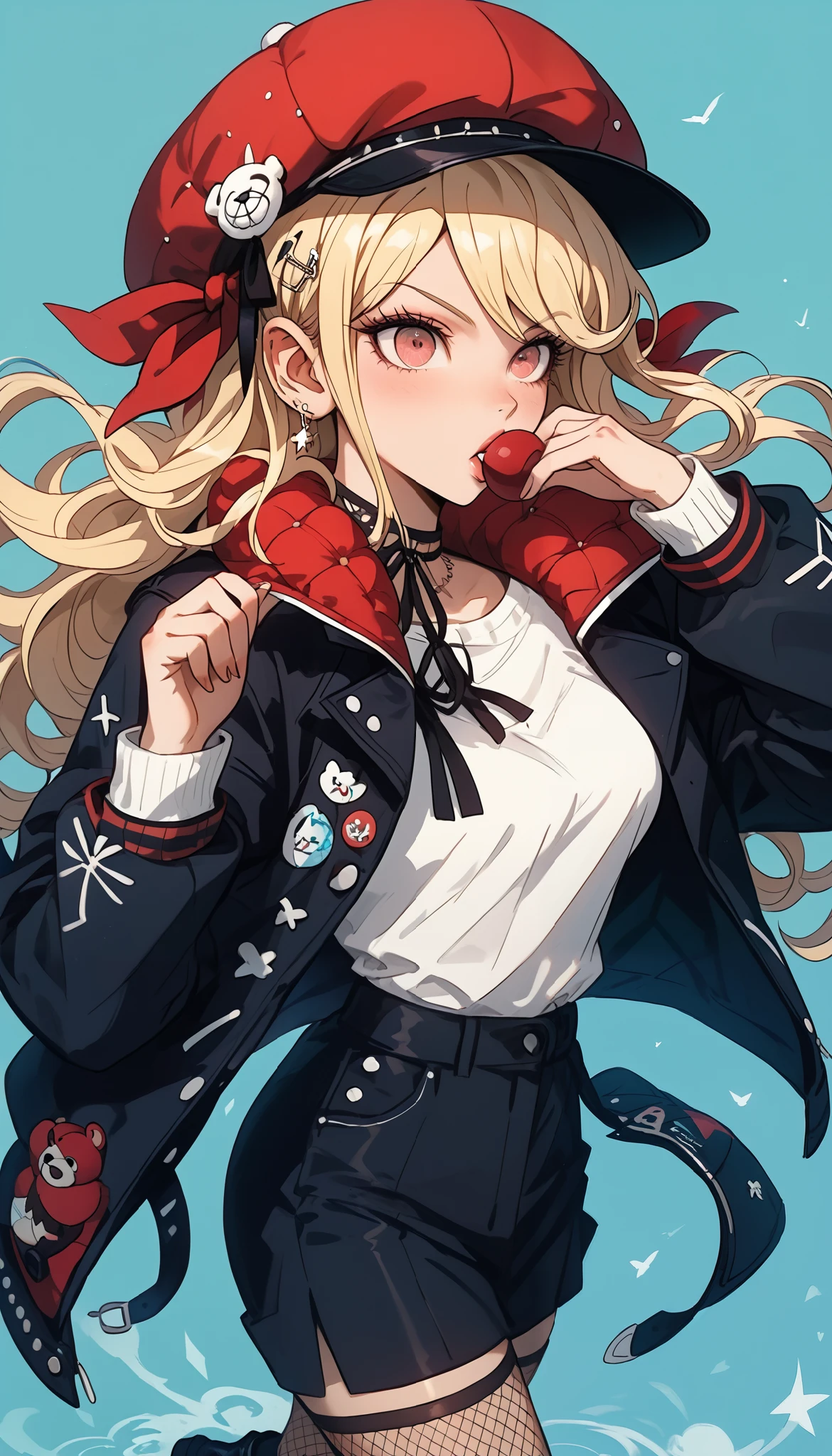  anime girl with a giant teddy bear behind in the background,  she is half profile ,  red and black plaid miniskirt ,  three-quarter fishnet stockings , long black boots,  white sweatshirt with red letters , blonde hair blowing in the wind, red wool hat ,  red and black jacket falling on her shoulders , Cyan background ,  an anime drawing of Masamune Shirow  , Sensual dynamic pose, trend on pixiv, Furry art, Danganronpa digital art,  anime style , anime style”,  blonde anime girl with long hair ,  High quality anime art style ,  ranked among the best in pixiv , beautiful anime high school girl, obra de arte de  anime style ,  trending anime illustration 