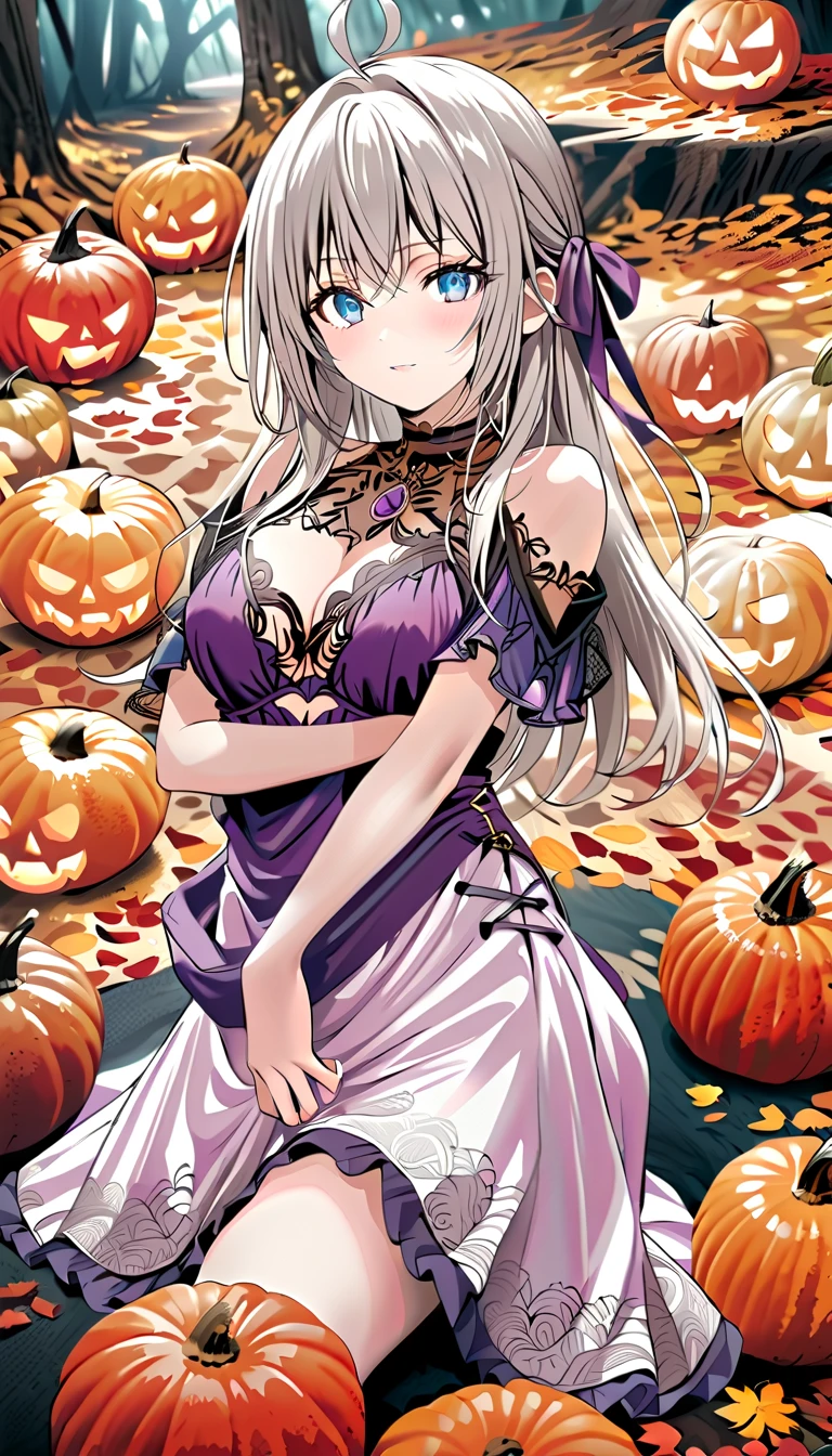  dazzling , intellectual and elegant ，alia, Create an enchanting anime-style illustration of a beautiful woman with long white hair, dressed in very sexy Halloween lingerie. a big neckline , She is in a moonlit forest ,  surrounded by shiny pumpkins and flowing autumn leaves .  The composition should focus on her striking features ,  with hair falling out elegantly over the shoulders . Use soft , } ethereal lighting that casts soft shadows , Enhancing the Mystical Atmosphere.  The color palette must include deep purples ,  vibrant oranges ,  and touches of silver to evoke a magician , Vibe de Halloween.  Incorporate intricate details into her costume ,  mood such as lace and shimmering fabrics ,  showing textures that contrast with the softness of her skin .  Capture a sense of movement as leaves dance around you ,  creating a fanciful ,  but slightly mysterious .  Look for high resolution quality , adequado para uma impressão  dazzling,  with sharp details and vibrant colors , pretty face