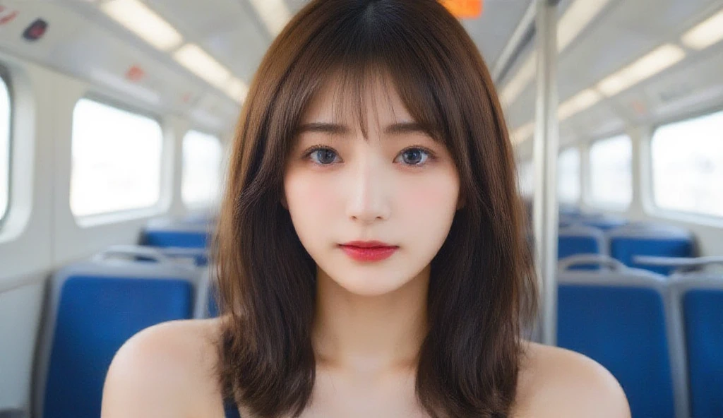 a young Asian woman full shot on a subway train, her long brown hair cascades over her shoulders. She is dressed in a bikini,Big tits, Her lips are painted a vibrant red, adding a pop of color to the otherwise monochromatic scene. The seats are blue, with silver handles, and the ceiling of the train is adorned with an orange BTS sign. Two windows are visible on the left side of the image full shot, providing natural light to the scene