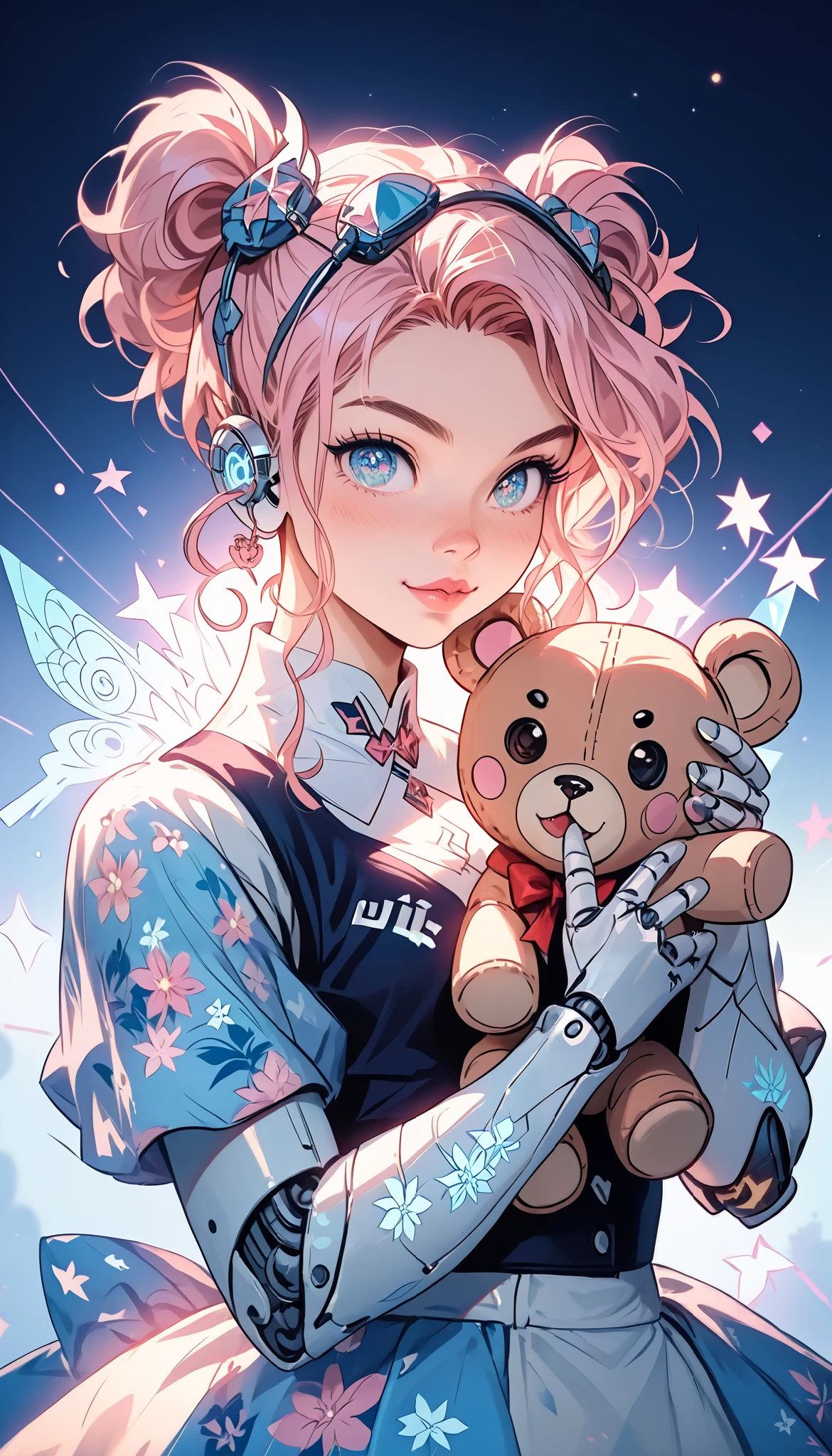 cute female robot, floral pattern on body, heavy weapons, kawaii mood, glowing pink joints and gaps, holding plush teddy bear, newest anime style, hyper detailed, vibrant colors, dynamic pose, highly detailed face and eyes, intricate mechanical design, whimsical, pastel palette, photorealistic, cinematic lighting, soft lighting, chiaroscuro, cinematic lighting, Fujicolor, 8k, masterpiece, UHD, retina, masterpiece, accurate, anatomically correct, textured skin, super detail, high details, high quality, award winning, best quality, highres, 1080P, HD, 16k