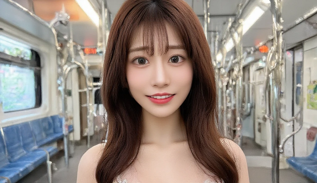 a young Asian woman full shot on a subway train, her long brown hair cascades over her shoulders. She is dressed in a bikini,Big tits, Her lips are painted a vibrant red, adding a pop of color to the otherwise monochromatic scene. The seats are blue, with silver handles, and the ceiling of the train is adorned with an orange BTS sign. Two windows are visible on the left side of the image full shot, providing natural light to the scene