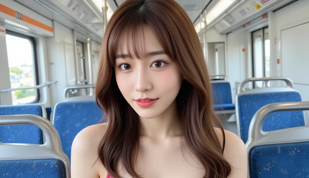 a young Asian woman full shot on a subway train, her long brown hair cascades over her shoulders. She is dressed in a bikini,Big tits, Her lips are painted a vibrant red, adding a pop of color to the otherwise monochromatic scene. The seats are blue, with silver handles, and the ceiling of the train is adorned with an orange BTS sign. Two windows are visible on the left side of the image full shot, providing natural light to the scene