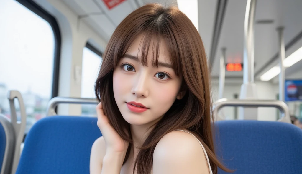 a young Asian woman full shot on a subway train, her long brown hair cascades over her shoulders. She is dressed in a bikini,Big tits, Her lips are painted a vibrant red, adding a pop of color to the otherwise monochromatic scene. The seats are blue, with silver handles, and the ceiling of the train is adorned with an orange BTS sign. Two windows are visible on the left side of the image full shot, providing natural light to the scene