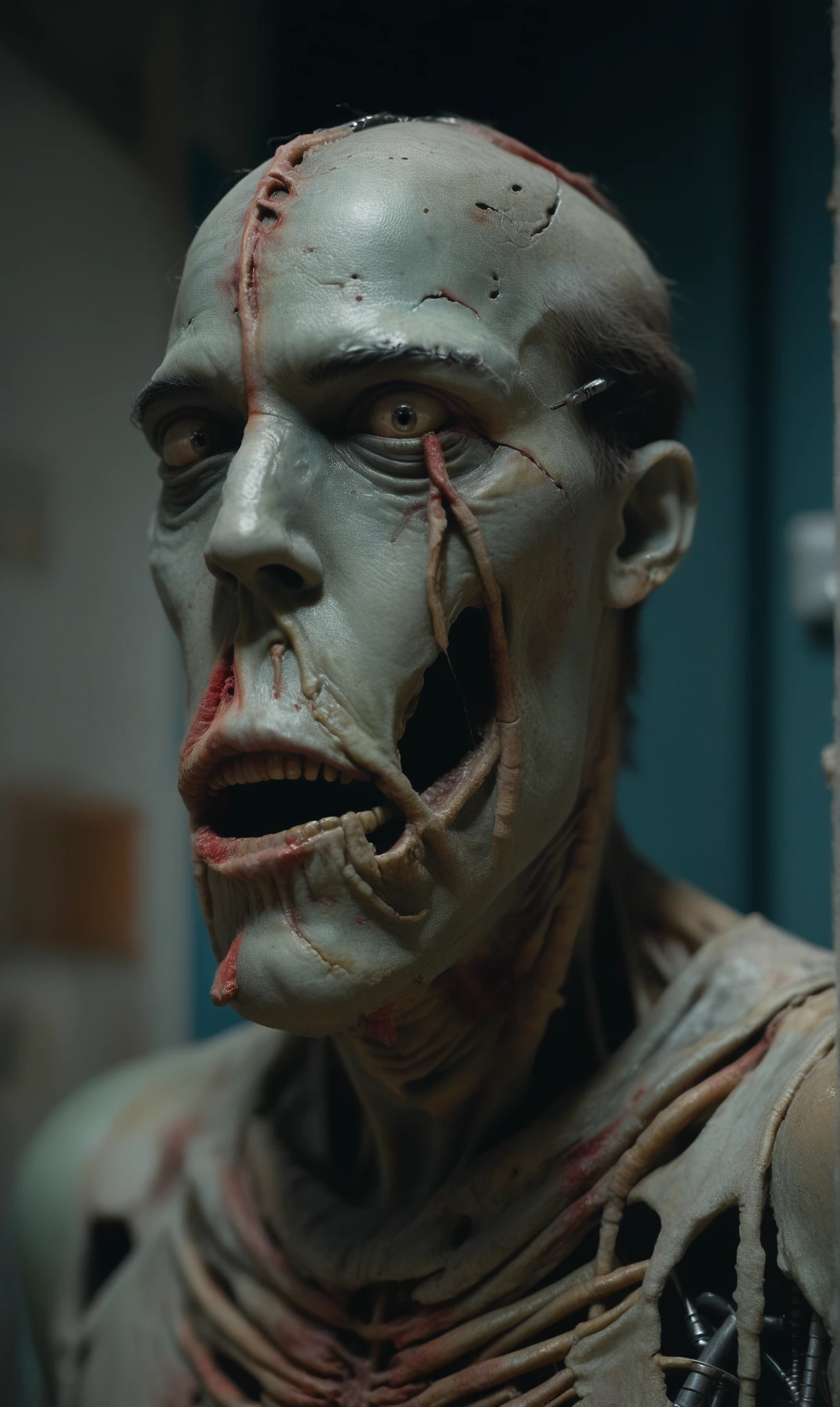 score_9, score_8_up, score_7_up, score_6_up, photo, realism, photorealistic, male, Zombie, cyborg, horror