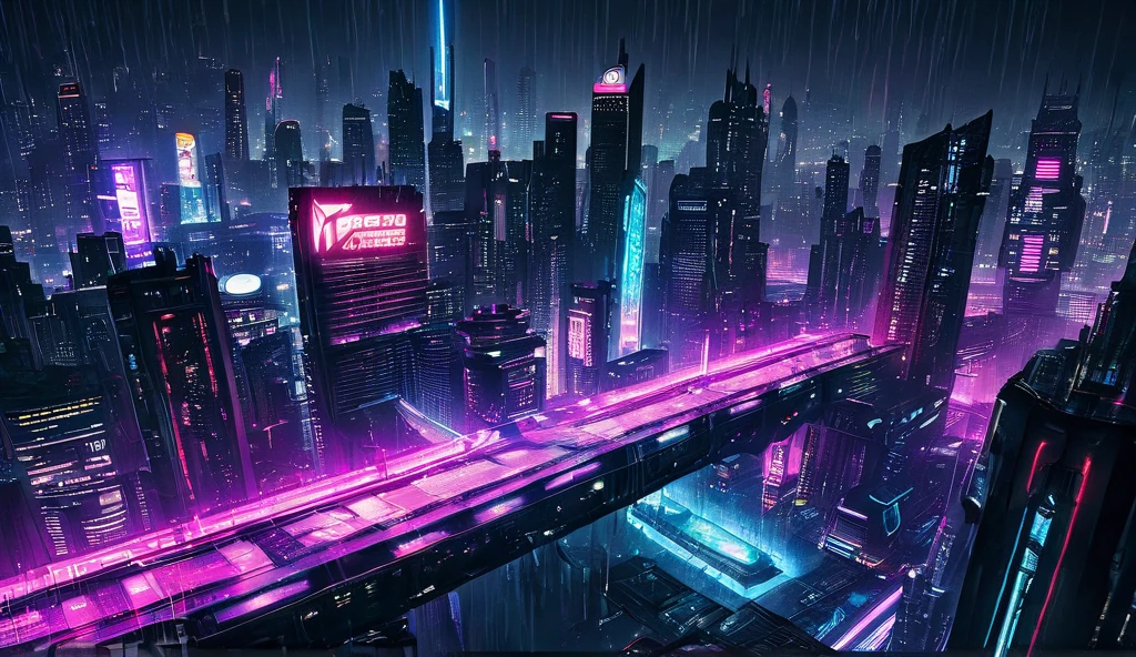  a city seen from above,  with buildings from the future , high, Bridges,  cyberpunk style ,  Blade Runner style ,  at night, neon lights, And it's raining 