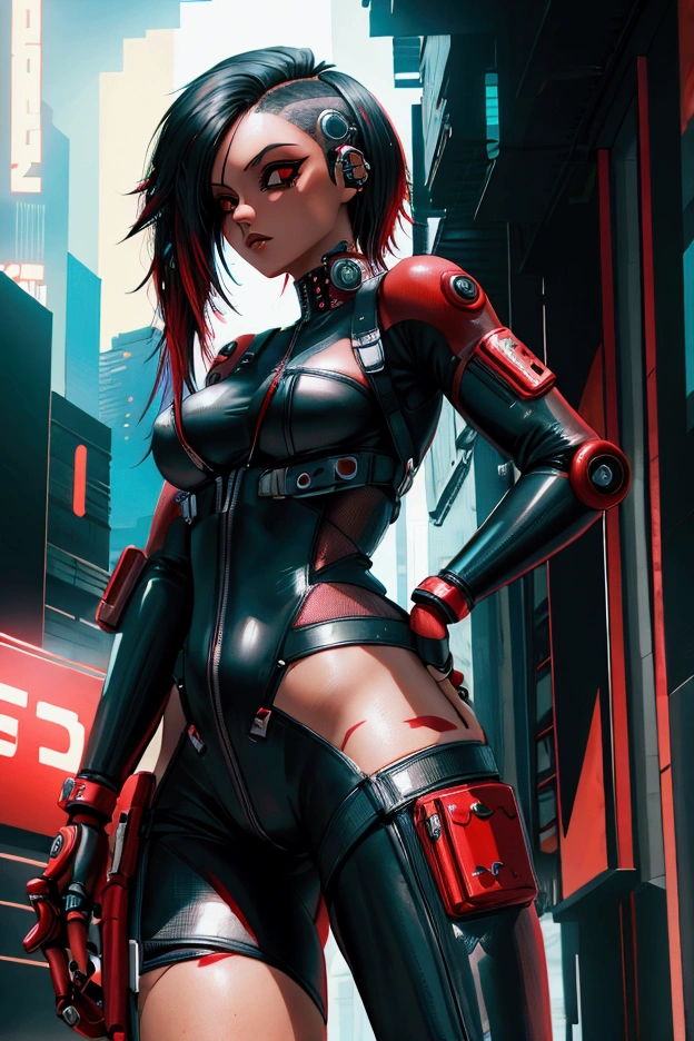 Cyberpunk, body suit, black and red, long hair, beautiful, 1 girl, punk, one piece, showing thighs, black hair, normal arms, face piercings