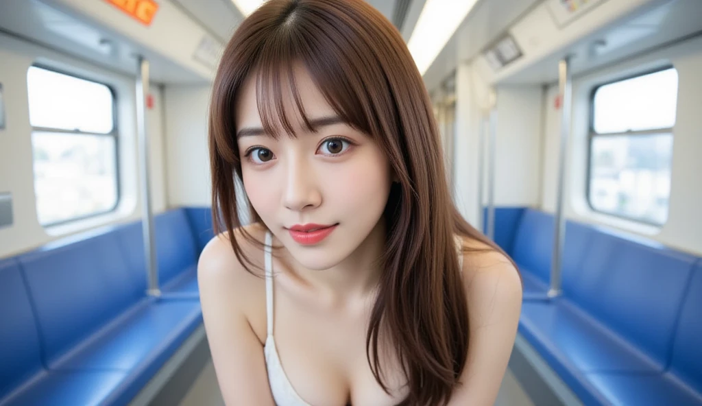 a young Asian woman full shot on a subway train, her long brown hair cascades over her shoulders. She is dressed in a bikini,Big tits full body, Her lips are painted a vibrant red, adding a pop of color to the otherwise monochromatic scene. The seats are blue, with silver handles, and the ceiling of the train is adorned with an orange BTS sign. Two windows are visible on the left side of the image full shot, providing natural light to the scene. ( full body )