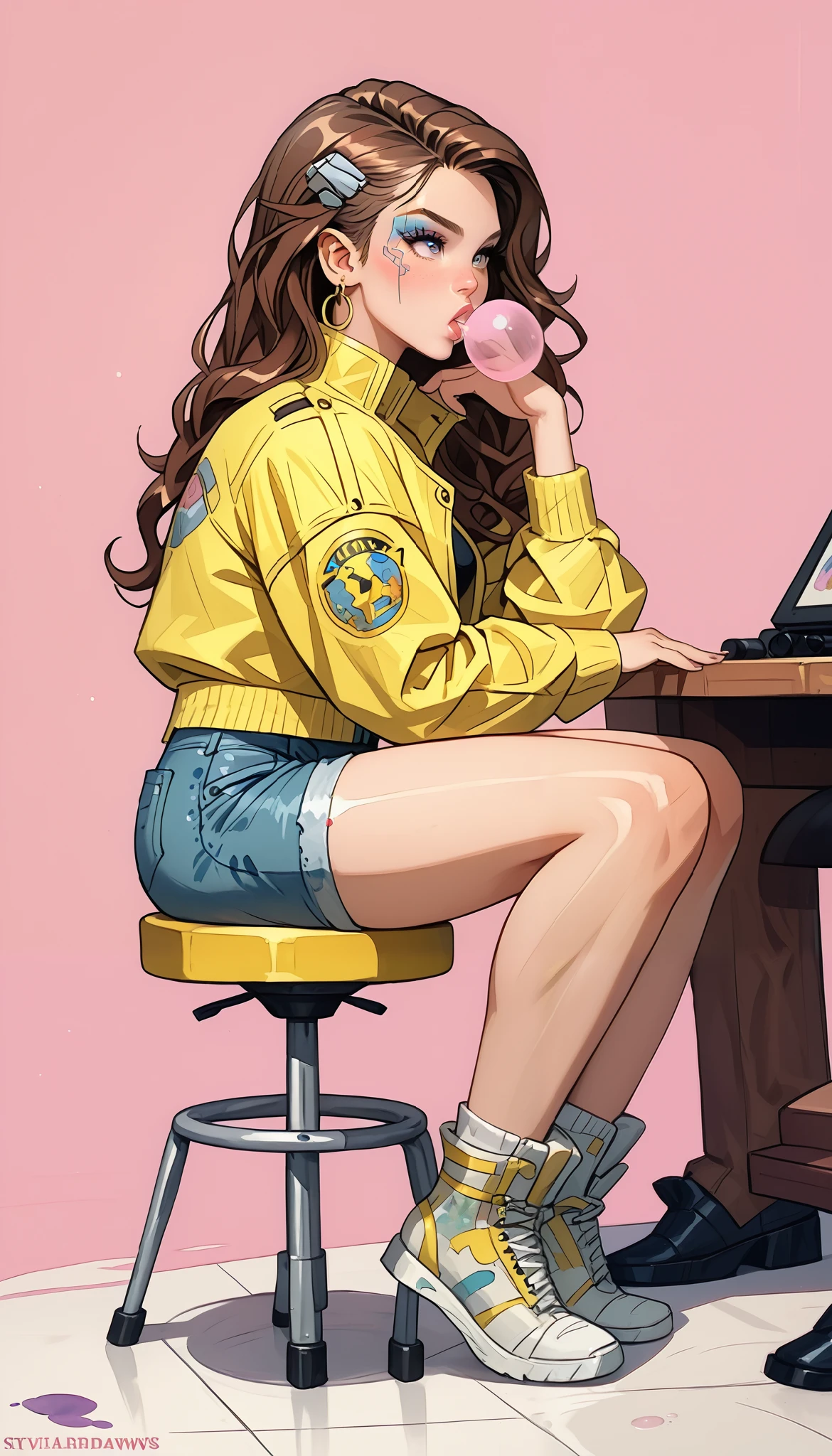  takes full body ,   She looks at the camera from the side  ,   false eyelashes a woman sitting on a stool making bubbles with gum a yellow jacket with fallen men denim shorts,  She is sitting next to the camera with one hand raised making with her fingers the symbol of victory   , The other arm over the legs   ,   pink background chewing gum brown hair with movement   , Cyberpunk art by Ross Tran   ,  trend in artstation  , arte digital,   Vibrant cartoons of Rossdraws   , Style Ross Tran, In the style of Ross Tran, vibrant pastel Rossdraws  ,   artwork in the style of Guweiz  , artgerm style,   ilya Kuvshinov with long hair   ,  beautiful art style  .   fantasy art,   watercolor painting   :1.5