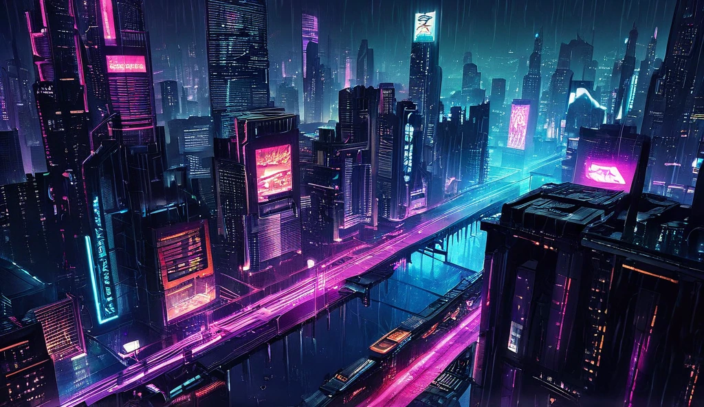  a city seen from above,  with buildings from the future , high, Bridges with height,  cyberpunk style ,  Blade Runner style ,  at night, neon lights, And it's raining 