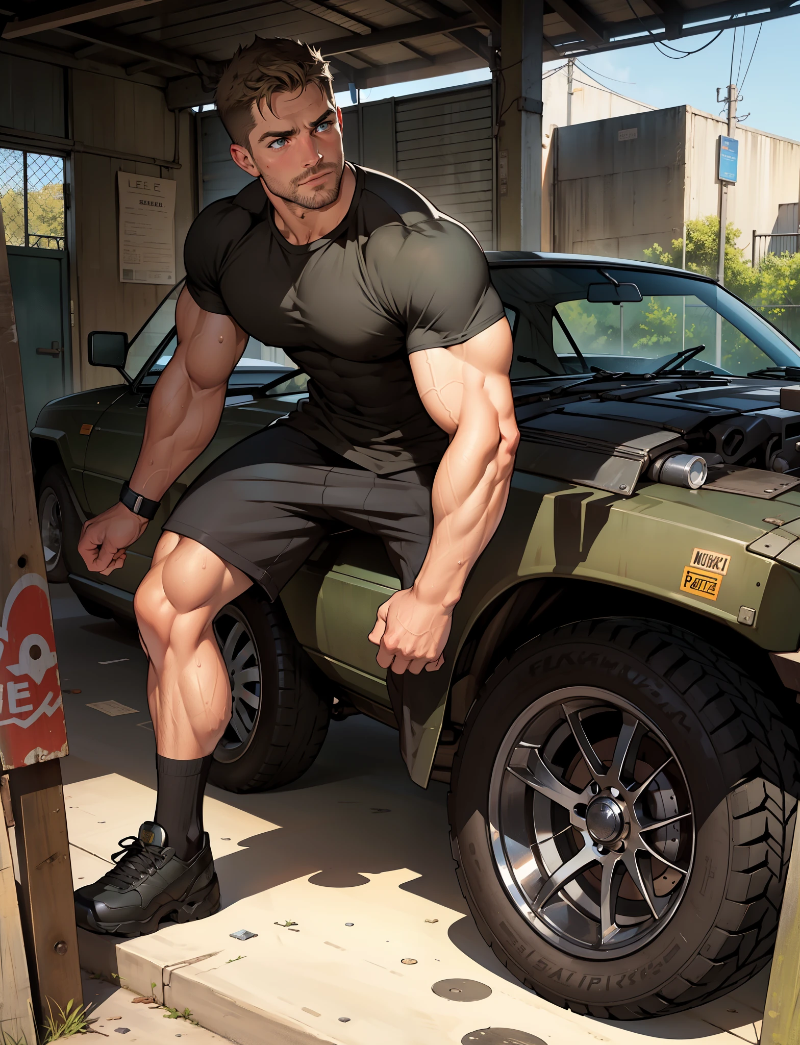 masterpiece, best quality face, natural eyes,mature man, muscled and mature, stephen amell as a mechanic man, sweating, full body